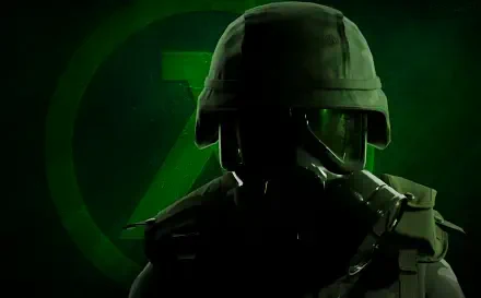 Green Half-Life: Opposing Force gaming art 2K Quad HD PC wallpaper — gas-masked soldier in helmet silhouetted before a glowing lambda logo.
