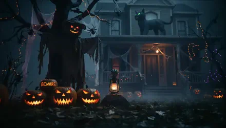 Halloween decorations outside a haunted house: glowing jack-o'-lanterns, a lantern-lit path, a black cat on the porch and eerie string lights — 4K Ultra HD PC desktop wallpaper and background.