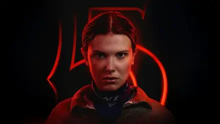 Stranger Things 5K Ultra HD PC desktop wallpaper/background: close-up of a serious young female character lit in red, a glowing 5 outline looming behind her.