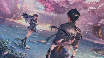 2K Quad HD PC desktop wallpaper for the video game Wuthering Waves: Rover in the foreground watches Chisa across a shimmering pool beneath falling pink cherry blossoms and drifting petals.