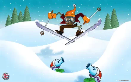 4K Ultra HD PC desktop wallpaper: Plants vs. Zombies video game scene — a skiing zombie in an orange hat and goggles jumps over snowy hills as two Peashooters peek from the snow.