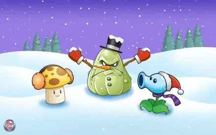 HD PC desktop wallpaper — Plants vs. Zombies retro game: mushroom, mittened frosty cabbage in a top hat, and Santa-hat peashooter in snow under a purple starry sky with pine trees.