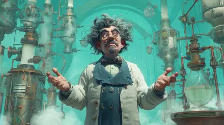 Mad scientist with wild hair and mustache in a steam-filled laboratory, surrounded by bubbling glassware and brass apparatus — 4K Ultra HD PC desktop wallpaper background.