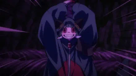 Anime HD PC desktop wallpaper/background: a grinning, horned Gachiakuta character from Guita Heavy Fantasia crouches in a dark, purple-lit tunnel, hands clasped above the head.