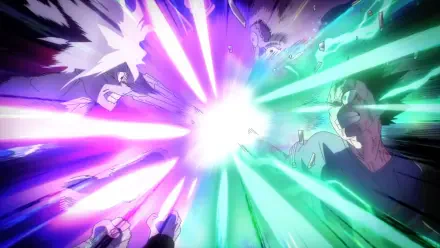 HD anime PC wallpaper of My Hero Academia: All For One (Boku No Hero Academia) and opponents unleashing converging multicolored energy beams toward a blinding central burst.