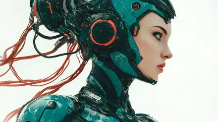 Sci-fi girl in teal cybernetic armor and helmet, red cables trailing from her head, profile portrait — 4K Ultra HD PC desktop wallpaper and background.