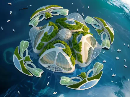 Frutiger Aero 4K Ultra HD PC desktop wallpaper/background: futuristic floating island complex with white lattice structures, green terraces and boats on a blue ocean.