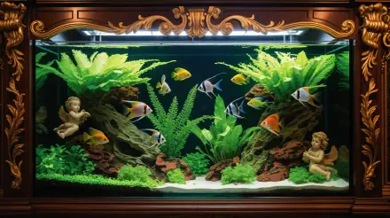 Ornate-framed fish tank with lush aquatic plants, colorful angelfish and tetras and cherub statues — 4K Ultra HD PC desktop wallpaper and background