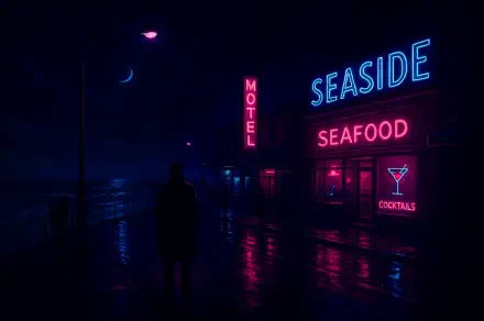 4K Ultra HD PC desktop wallpaper of a neon-lit seaside at night: motel and seafood signs, cocktail neon, wet reflective street and a silhouetted figure.