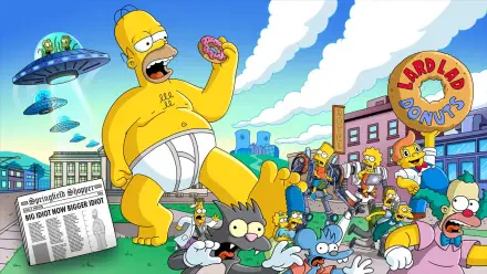 HD PC desktop wallpaper background: The Simpsons in Fortnite video game style — giant Homer in underwear eats a donut as Springfield citizens flee, UFOs hover and Lard Lad Donuts looms.
