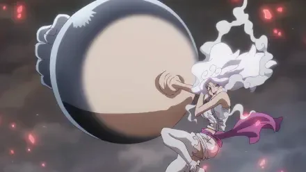 Anime HD PC desktop wallpaper of One Piece's Jewelry Bonney in Gear 5, white‑haired and powering a huge cannonball attack amid a smoky, dramatic background.