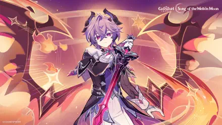 2K Quad HD PC wallpaper of Durin from video game Genshin Impact: anime boy in dark armor with a glowing sword, stylized dragon wings, and a pink-orange starry background.