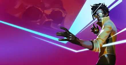 Video game character from Dead as Disco in a neon jacket and goggles reaching toward glowing blue and pink geometric lights — 4K Ultra HD PC desktop wallpaper and background