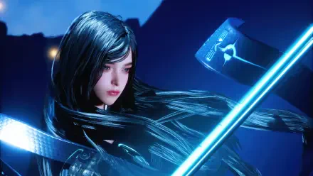 4K Ultra HD PC desktop wallpaper of Stellar Blade video game: female warrior with long dark hair and glowing blue energy blade, holographic HUD and moody blue sci‑fi background.