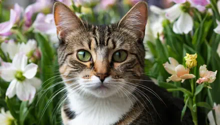 4K Ultra HD AI art PC desktop wallpaper: green-eyed tabby cat among vivid spring flowers, detailed fur and vibrant colors.