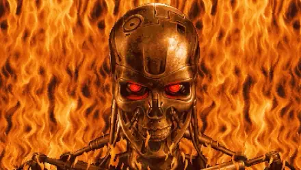HD PC desktop wallpaper: video game pixel-art Terminator 2D NO FATE — fiery backdrop framing a skull-like robot with glowing red eyes