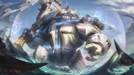 8K Ultra HD PC wallpaper of Nautilus from the video game League of Legends: a massive armored titan wading through stormy seas, anchor raised beneath a cracked, lightning-lit sky.