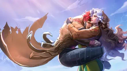 4K Ultra HD PC desktop wallpaper from video game Marvel Rivals featuring Rogue (Marvel Comics) embracing Gambit (Marvel Comics) midair against a pastel sky.