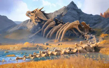 Infinity Nikki video game concept art — HD PC desktop wallpaper and background: colossal skeleton dragon's ribcage sprawls across an autumn plain beside a reflective pool.