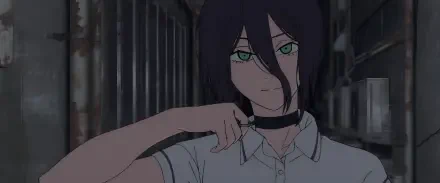 2K Quad HD PC desktop wallpaper of Reze from Chainsaw Man — close-up of her with dark hair, teal eyes and a choker, hand at her neck against a dim urban background