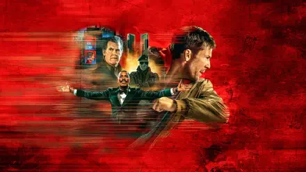 The Running Man 4K Ultra HD PC desktop wallpaper: action poster composition with a running man profile, menacing faces and city skyline on a streaked red background.