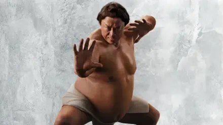 Street Fighter (2026) 2K Quad HD PC wallpaper — sumo wrestler in white mawashi crouches in a striking pose against a misty gray backdrop.