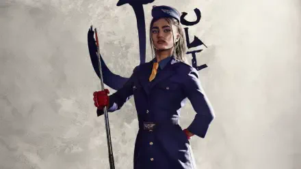 Street Fighter (2026) 5K Ultra HD PC Desktop Wallpaper and Background — confident female fighter in a dark uniform holding a polearm against a textured gray backdrop.