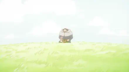 HD PC desktop wallpaper: anime One Piece scene of Bartholomew Kuma standing in a sunlit grassy field with a small figure kneeling at his feet against a pale sky.