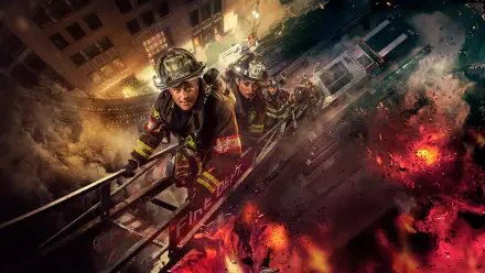 Chicago Fire — dramatic 4K Ultra HD PC desktop wallpaper and background: firefighters climb a ladder through smoke and towering flames in a nighttime cityscape.