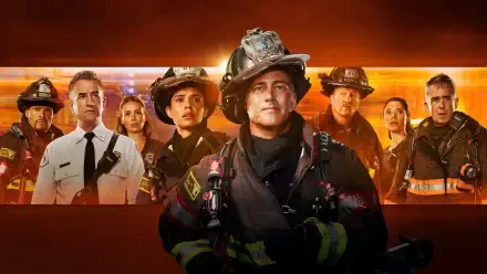 Chicago Fire 4K Ultra HD PC desktop wallpaper/background: firefighters in gear posed against a dramatic, glowing orange skyline.