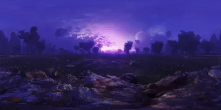 HD PC desktop wallpaper: a sci‑fi fantasy landscape — twilight plains under a glowing purple sky with a distant luminous storm and silhouetted alien trees.