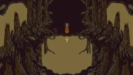 HD PC desktop wallpaper — pixel art video game scene Death Howl: lone robed figure by a murky swamp, twisted trees arch overhead and a dim reflection in the water.