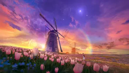 2K Quad HD PC desktop wallpaper and background: woman walking through a tulip field beneath a vivid, painterly sky and glowing halo, with wind turbines on the distant horizon.