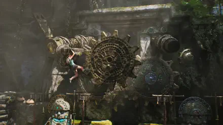 HD PC desktop wallpaper of the video game Tomb Raider: Legacy of Atlantis featuring Lara Croft swinging across a massive ancient gear amid an overgrown temple ruin.