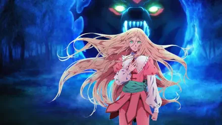 Castlevania: Nocturne HD PC desktop wallpaper/background showing a long-haired blonde in pink and green standing in a glowing blue forest with a looming, snarling demonic spectral face behind them.