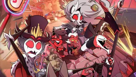 HD PC desktop wallpaper of Helluva Boss: a lively group of red-and-white demon characters posed amid neon-lit city chaos.