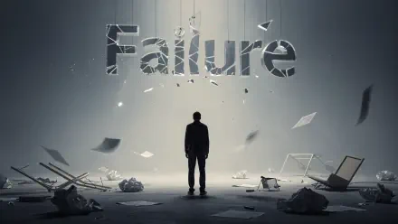 4K Ultra HD PC desktop wallpaper background: solitary man stands amid wreckage beneath a shattered, suspended word Failure, dramatic lighting and scattered papers.