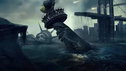 Greenland 2: Migration — 5K Ultra HD PC desktop wallpaper of a flooded, apocalyptic city: the Statue of Liberty toppled and half-submerged, ruined bridge spans and stormy skies.