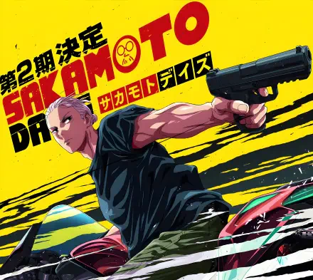 4K Ultra HD PC desktop wallpaper of anime Sakamoto Days: Taro Sakamoto aiming a pistol, muscular and intense against a bold yellow background with black streaks and a speeding car.