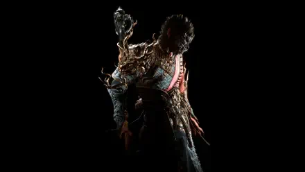 Black Myth: Wukong video game character on a black 4K Ultra HD PC desktop wallpaper — shadowy, ornate-armored warrior with glowing accents.