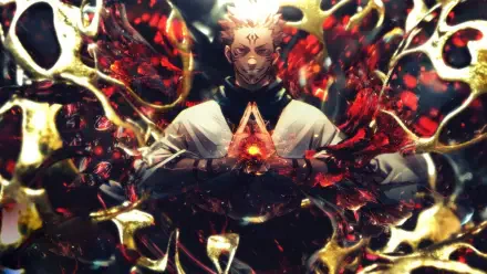 Jujutsu Kaisen 4K Ultra HD PC desktop wallpaper: Ryomen Sukuna with glowing facial markings, hands forming a triangular sigil amid fiery red and gold abstract energy.