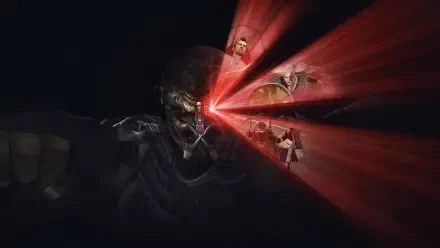 Predator Killer of Killers stalking in darkness, red targeting lasers sweeping across fleeing figures — 4K Ultra HD PC desktop wallpaper/background.