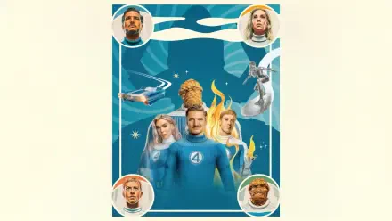 The Fantastic Four: First Steps — 4K Ultra HD PC desktop wallpaper showing Mr. Fantastic center, Invisible Woman, Human Torch ablaze, The Thing and Silver Surfer in a stylized cosmic blue frame.