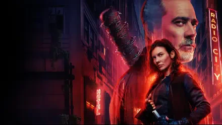 The Walking Dead: Dead City 4K Ultra HD PC wallpaper: two wary survivors back-to-back amid a neon-lit ruined city, a barbed-wire baseball bat silhouette and smoldering red glow.