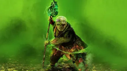 The Toxic Avenger emerges from neon-green mist, clutching a staff above a toxic puddle — 4K Ultra HD PC desktop wallpaper and background.
