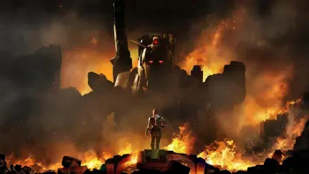 A lone pilot walks toward a towering Gundam amid burning ruins and smoke, dramatic orange flames — Gundam: Requiem for Vengeance, 4K Ultra HD PC desktop wallpaper/background.