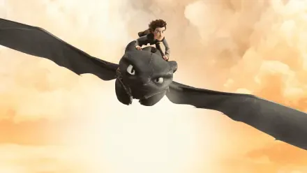 Dragons: Riders of Berk 4K Ultra HD PC desktop wallpaper and background of Hiccup riding Toothless, soaring through golden clouds.
