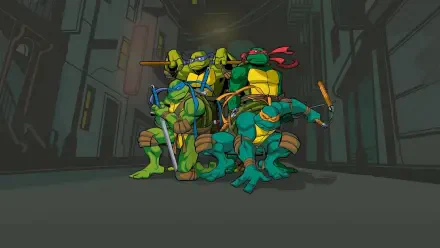 Teenage Mutant Ninja Turtles (2003) HD PC desktop wallpaper: Leonardo, Donatello, Michelangelo and Raphael pose together in a dim city alley with weapons ready.