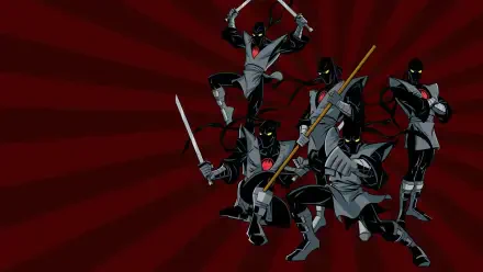 Teenage Mutant Ninja Turtles (2003) HD PC desktop wallpaper: four black‑clad ninjas wielding swords and a bo staff posed against a red radial background.
