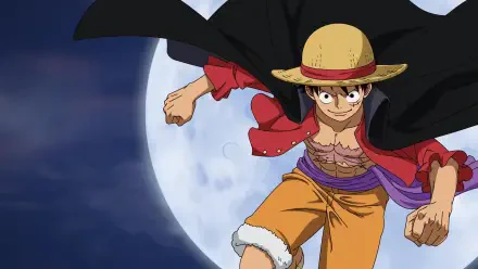 One Piece 4K Ultra HD PC desktop wallpaper and background: Monkey D. Luffy in his straw hat and open red shirt, cape billowing as he leaps before a glowing full moon.
